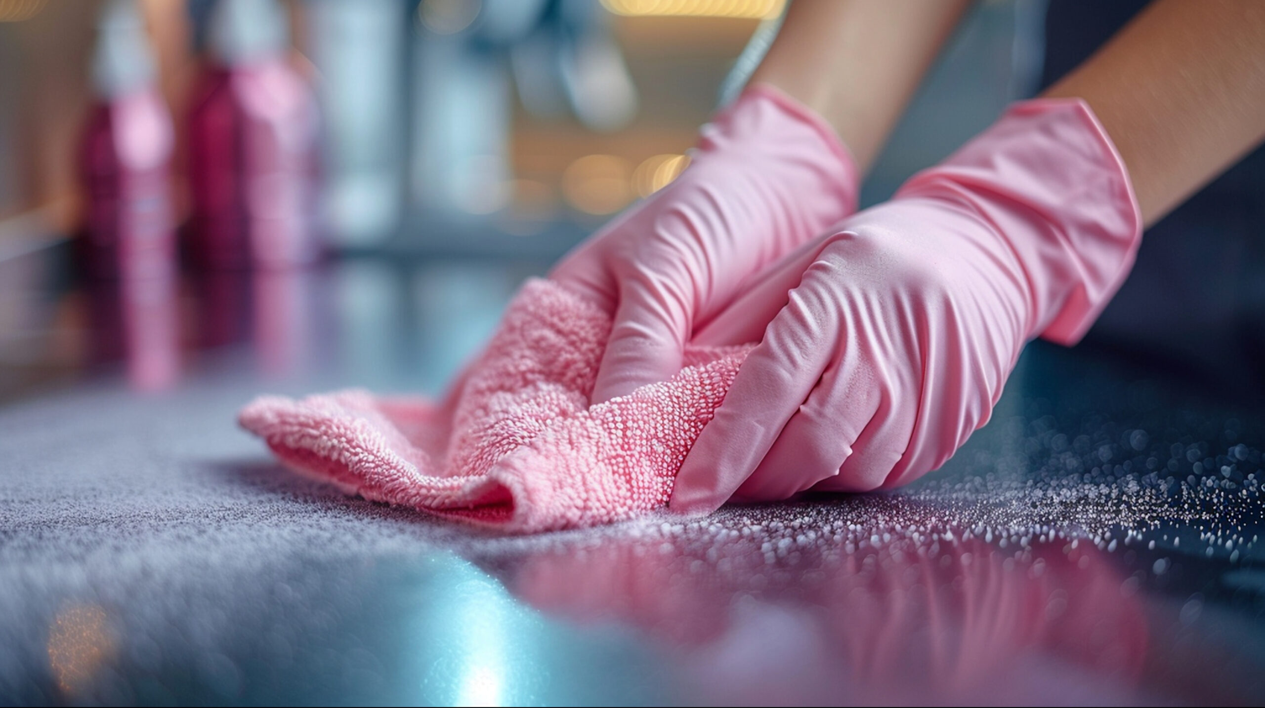 Pink gloves cleaning gray surface. Woman's hand in a glove wipes by soapy with foam sponge on the table