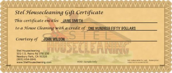 Sample Gift Certificate for Stel Housecleaning