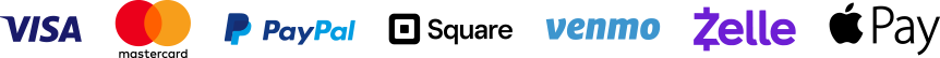 Visa, Mastercard, PayPal, Square, Venmo, Zelle, Apple Pay Logos